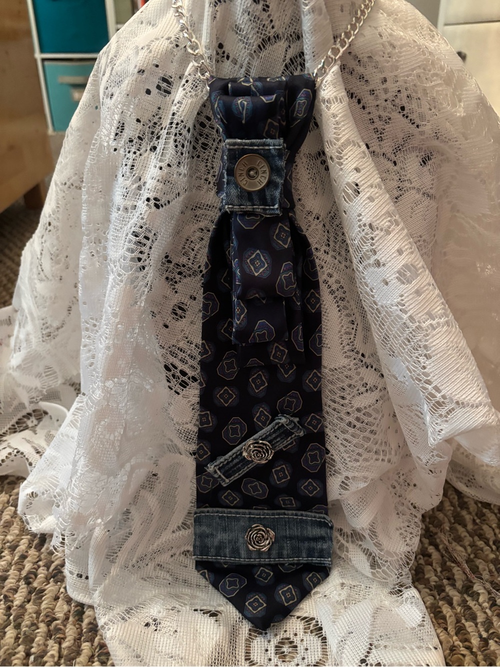 Men's Navy Patterned Tie with Denim Accents
